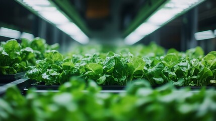 Green leafy plants in rows under lights