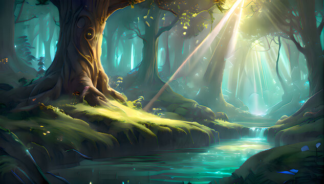 Magic Forest Beam of Light - for Fantastic AI Generated Landscapes, Games and Book Covers