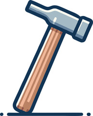Cartoon Hammer Icon:  Angled Wood Handle, Steel Head, Line Art
