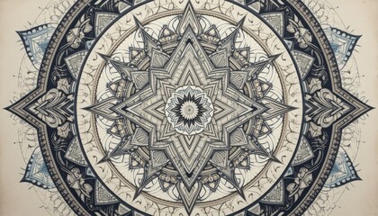 The image shows a circular design featuring geometric and floral patterns with a central star like shape.