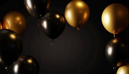 Black and Gold Balloons Floating Against Dark Background  