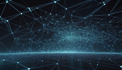 An arrangement of glowing lines connected by small, glowing, spherical shapes is seen against a dark backdrop. The lines intersect and overlap in a network