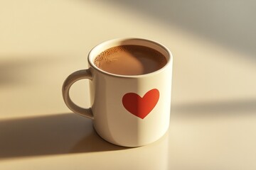 A white coffee mug with a red heart, filled with hot chocolate, placed against an off-white background.