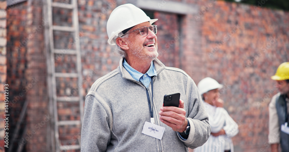 Poster construction site, smile and man with smartphone, thinking or communication with real estate. mature