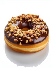 doughnut with chocolate glaze and nuts isolated on white background.