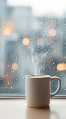 Cozy coffee moment by the rain-soaked window