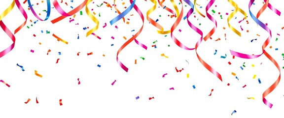 Colorful confetti and serpentine ribbons falling on white background , element, clipart