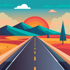 Colorful road stretches into a mountain vista.