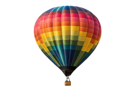 PNG Colorful hot air balloon with rainbow stripes in flight