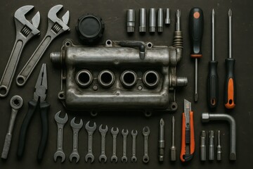 Various Hand Tools and Engine Parts Arranged on Dark Surface