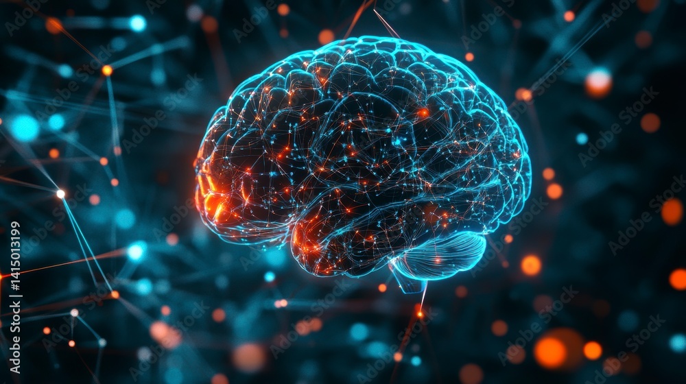 Poster abstract 3d rendering of a human brain with glowing neural connections, representing intelligence, t