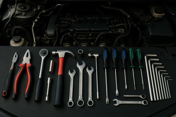 Fototapeta premium Tools Organized Neatly on a Workbench Above Car Engine Components