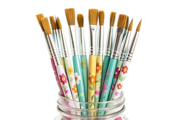 PNG Colorful floral paint brushes in glass jar for creative art projects
