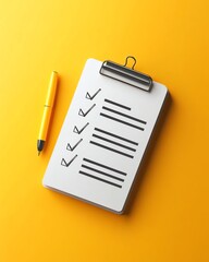 Clean business checklist infographic, minimal icon style, flat yellow lines, 3D illustration