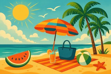 Obraz premium Vibrant Beach Scene with Umbrella, Watermelon, and Tropical Elements