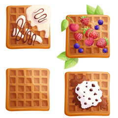 A set of delicious waffles with fresh berries, chocolate, cottage cheese and ice cream on a purple background. The concept of confectionery, baking, cooking. Isolated vector illustration