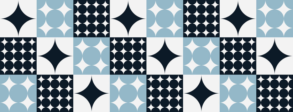 Geometric background with a retro style, featuring blue and black patterns. The background is blue and black with a tiled texture. Minimal retro geometric star pattern vector background