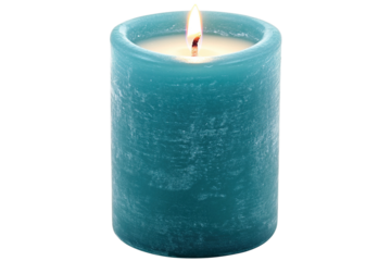 Teal candle glows with a warm flame, isolated on transparent background. Adds light and ambiance. Simple, round, and textured