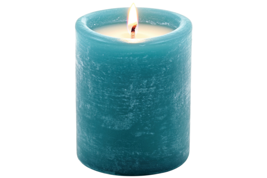 Teal candle glows with a warm flame, isolated on transparent background. Adds light and ambiance. Simple, round, and textured
