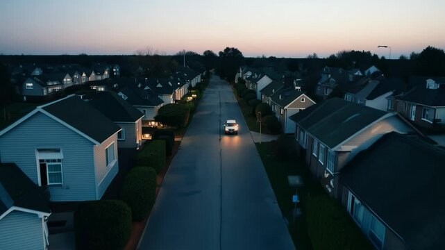 White car driving through suburban neighborhood at dusk