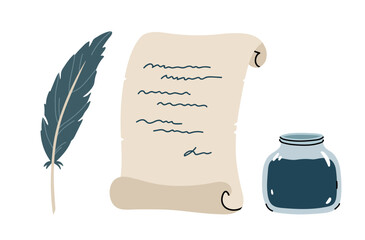 Scroll paper and inkstand with a quill pen isolated on a white background. Vector hand-drawn illustration in flat style. Perfect for decorations, logo, various designs.