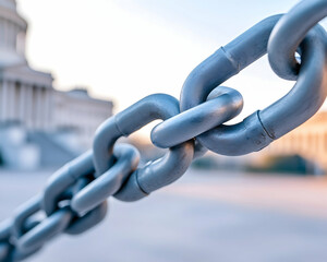 Close-up of a strong metal chain in front of a government building . Generative AI