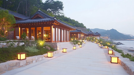 Obraz premium Coastal Asian-style resort villas with lit pathway at dusk . Generative AI