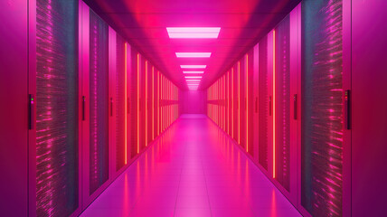 Fototapeta premium Data center corridor showcasing rack servers, supercomputers, and robust high-speed internet connections