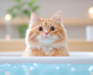 Fluffy ginger cat sitting in a tub of water, looking directly at the camera . Generative AI