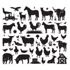 Farm Animal Silhouettes Collection – Livestock, Poultry, Tractor, and Rural Elements Vector Set