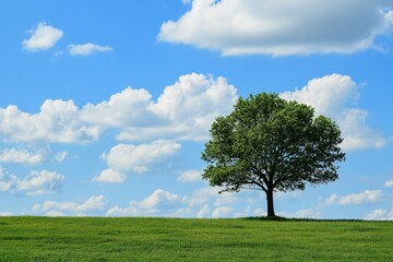 A single tree stands in a green field under a blue sky with clouds.