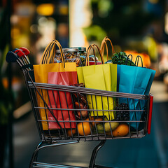 A stylish young woman enjoying a shopping day, holding colorful shopping bags, walking through a trendy urban street or mall, radiating fashion, joy, and modern lifestyle vibes.

