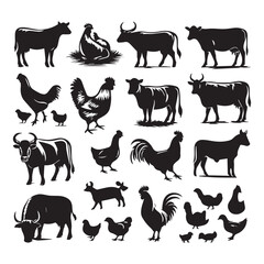 Farm Animal Silhouettes Collection – Livestock, Poultry, Tractor, and Rural Elements Vector Set
