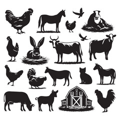 Farm Animal Silhouettes Collection – Livestock, Poultry, Tractor, and Rural Elements Vector Set