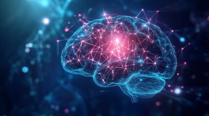 Abstract glowing human brain with interconnected nodes, representing neural network and intelligence.