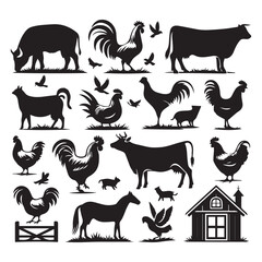 Farm Animal Silhouettes Collection – Livestock, Poultry, Tractor, and Rural Elements Vector Set