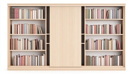 a sliding bookshelf door clipart, hidden furniture concept, modern apartment style, light oak wood, isolated on white background