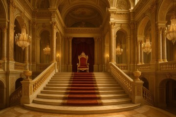 Obraz premium Majestic Royal Staircase with Ornate Throne in Luxurious Palace