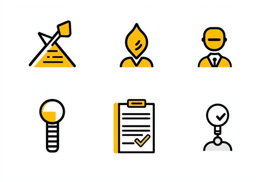 Flat vector icons of startup checklist, black and yellow outline illustrations, modern white background