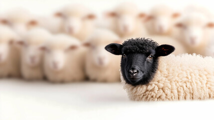 One black sheep lying in front of a flock of white sheep . Generative AI