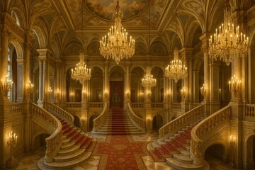 Obraz premium Elegant Grand Staircase with Crystal Chandeliers in Historic Venue