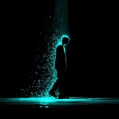 Obraz premium Embracing the Shadows: A silhouette walks toward an unknown path, illuminated by an ethereal beam of light, creating a powerful depiction of solitude and introspection. 