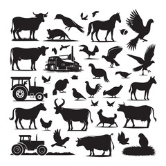 Farm Animal Silhouettes Collection – Livestock, Poultry, Tractor, and Rural Elements Vector Set