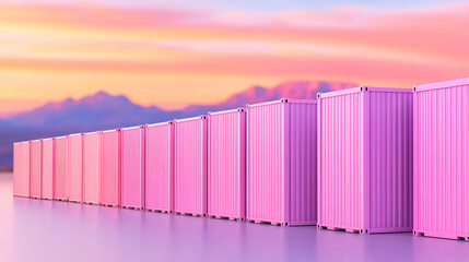 Obraz premium Row of pastel pink shipping containers at sunset against a mountain backdrop . Generative AI