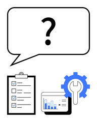 Question bubble with checklist, data chart, and gear symbolizing problem-solving, analysis, and tools. Ideal for business, technology, process improvement, troubleshooting research teamwork simple