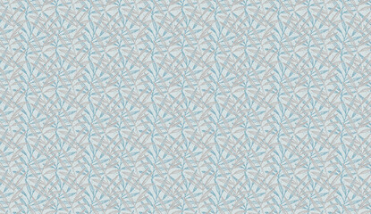 Delicate botanical seamless pattern with beige and teal leaves on a light blue background, creating an elegant and natural design