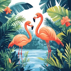 vector of a cute Flamingos by the lake, isolated clear white background