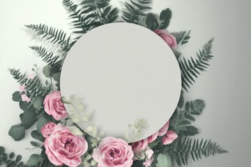Obraz premium Elegant floral border with pink roses, green ferns and circular space, soft romantic decorative element for wedding cards.