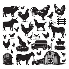 Farm Animal Silhouettes Collection – Livestock, Poultry, Tractor, and Rural Elements Vector Set