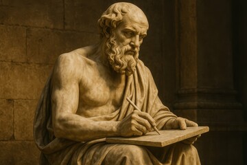 Philosophical Figure Engaged in Writing with Thoughtful Expression